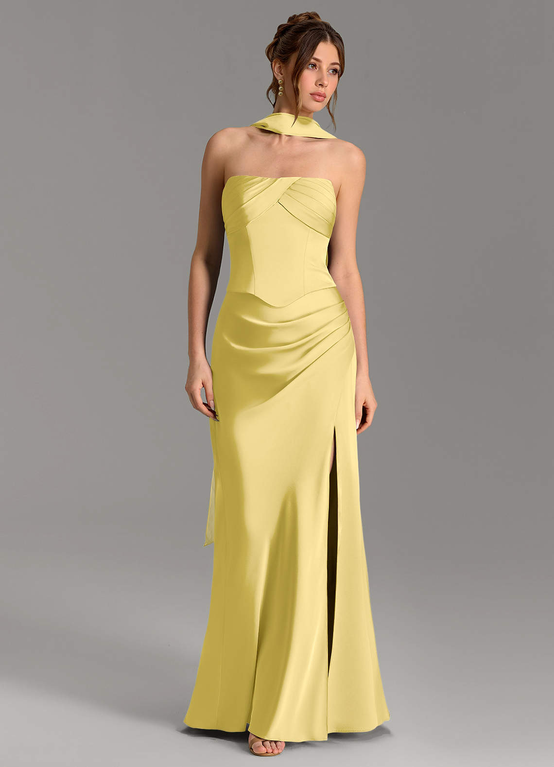 Nicki Sheath Scoop-Neck Stretch Satin Bridesmaid Dress in Canary