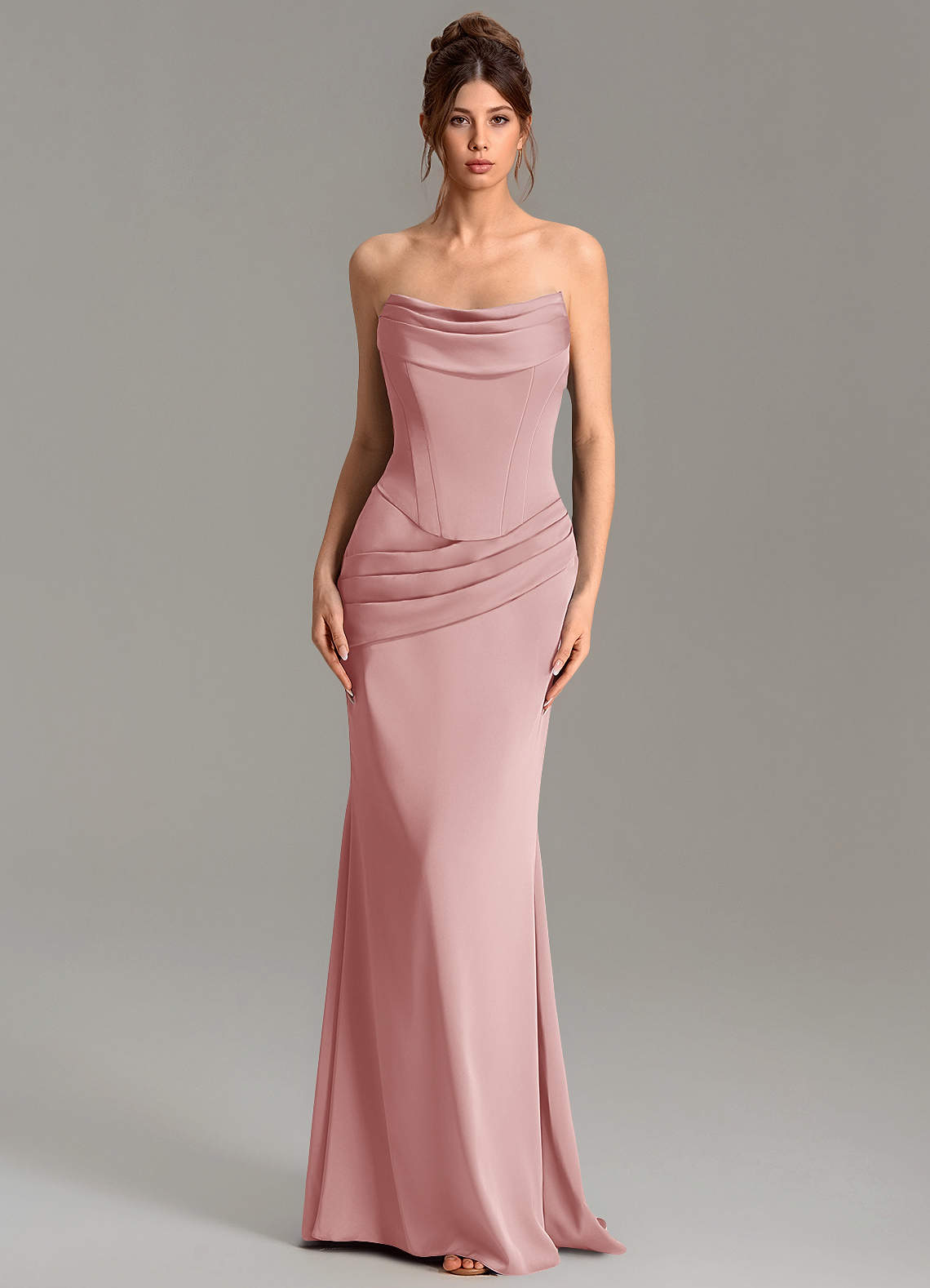 Adrienne Mermaid Cowl-Neck Stretch Satin Bridesmaid Dress in dusty rose