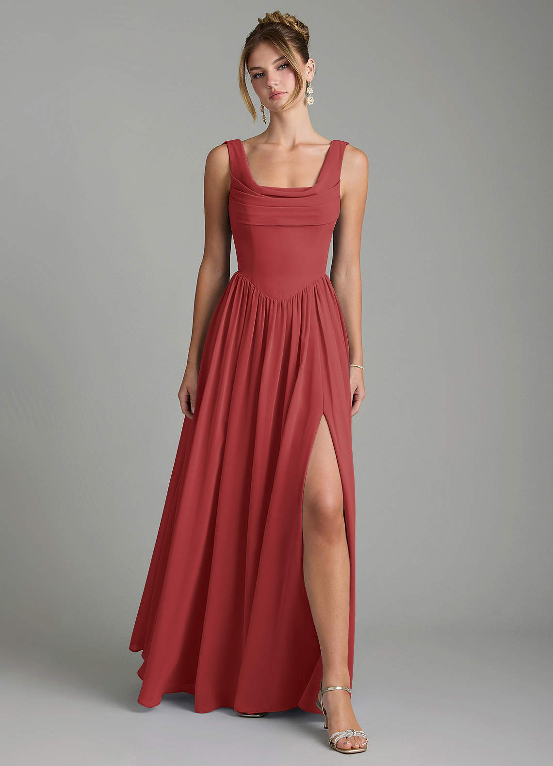 Novi A-Line Square-Neck Chiffon Bridesmaid Dress in Rust