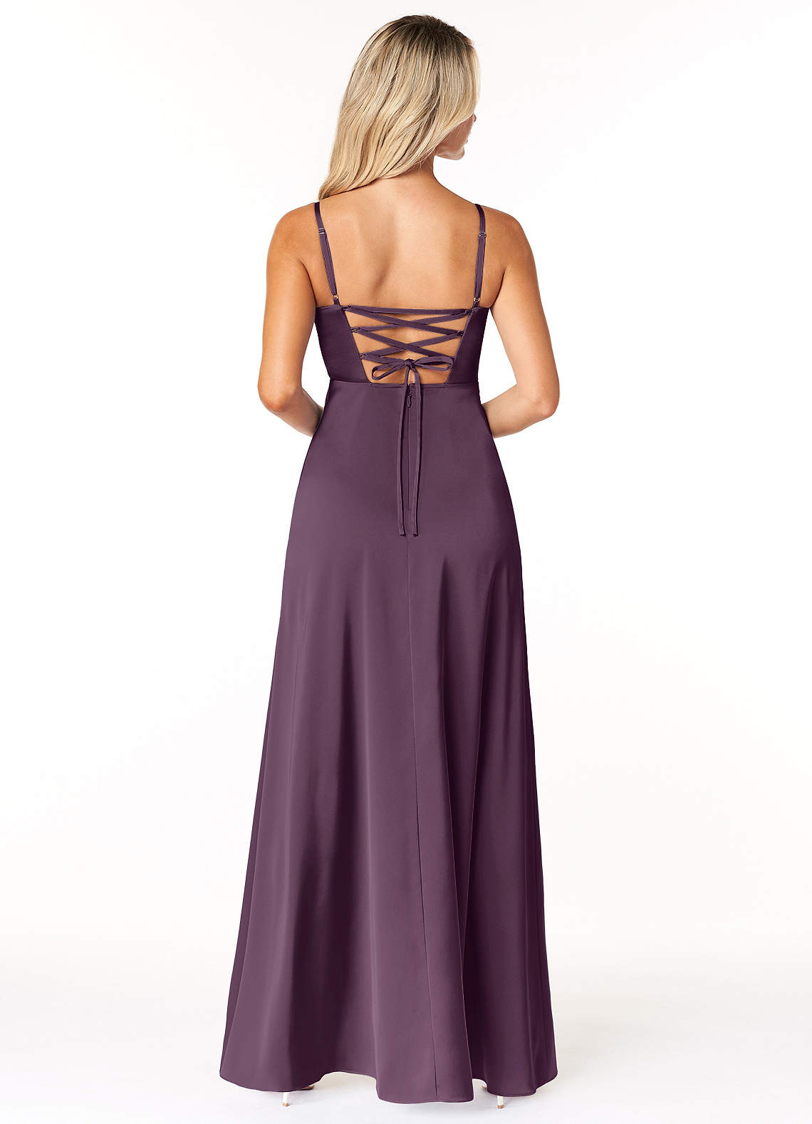 Marchella A-Line V-Neck Stretch Satin Bridesmaid Dress in Plum