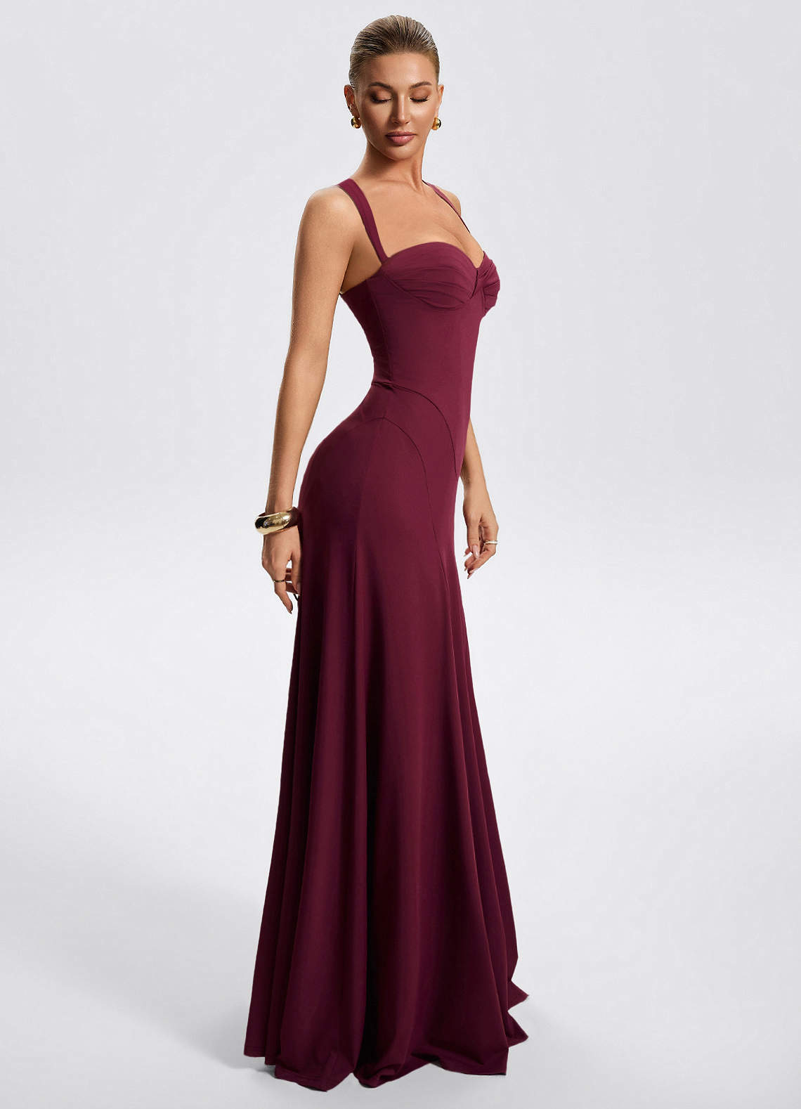 Zephira Fitted Sweetheart Godet Stretch Jersey Wedding Guest Dress in Cabernet