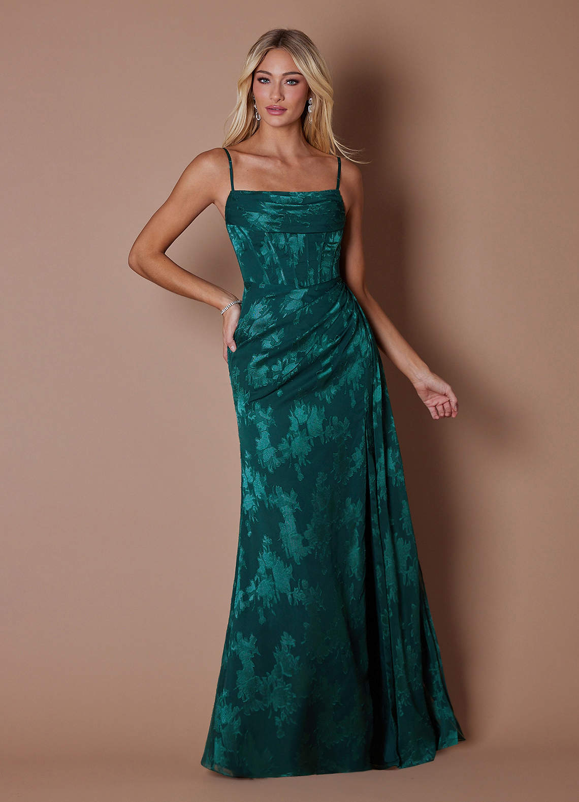 Lea Sheath Straight-Neck Burnout Evening Dress in Dark Emerald