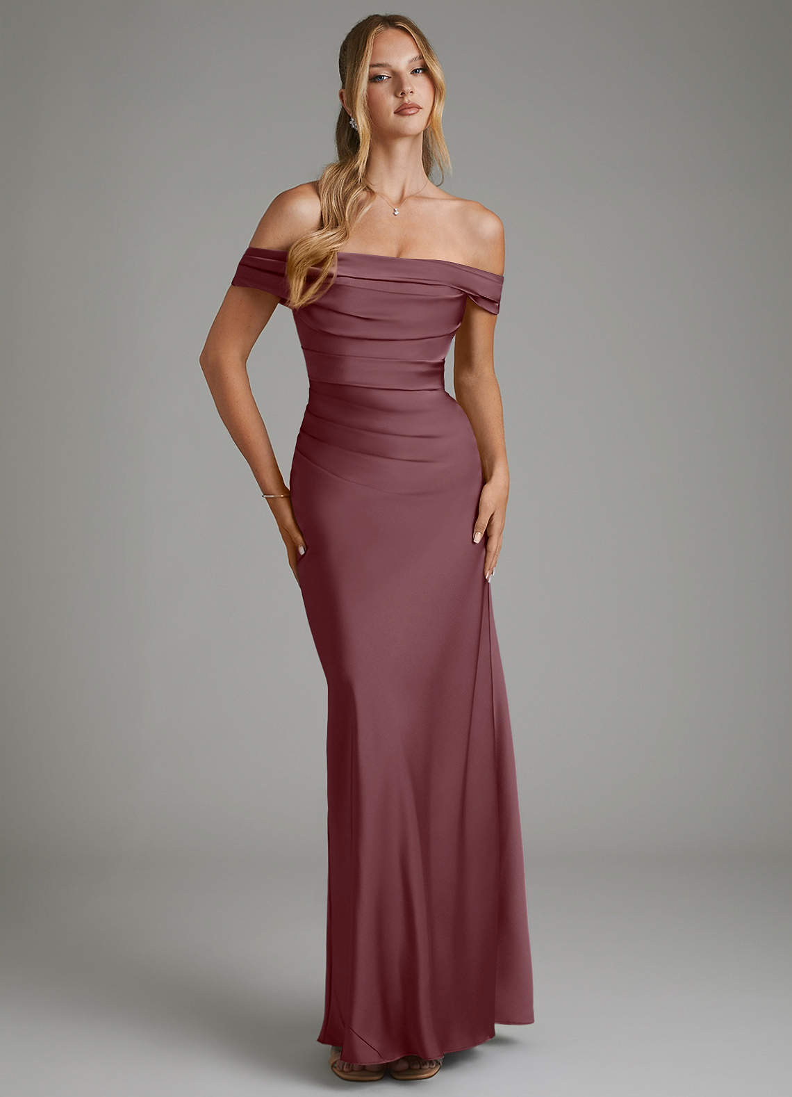 Hayden Mermaid Off-the-Shoulder Stretch Satin Bridesmaid Dress in Sangria