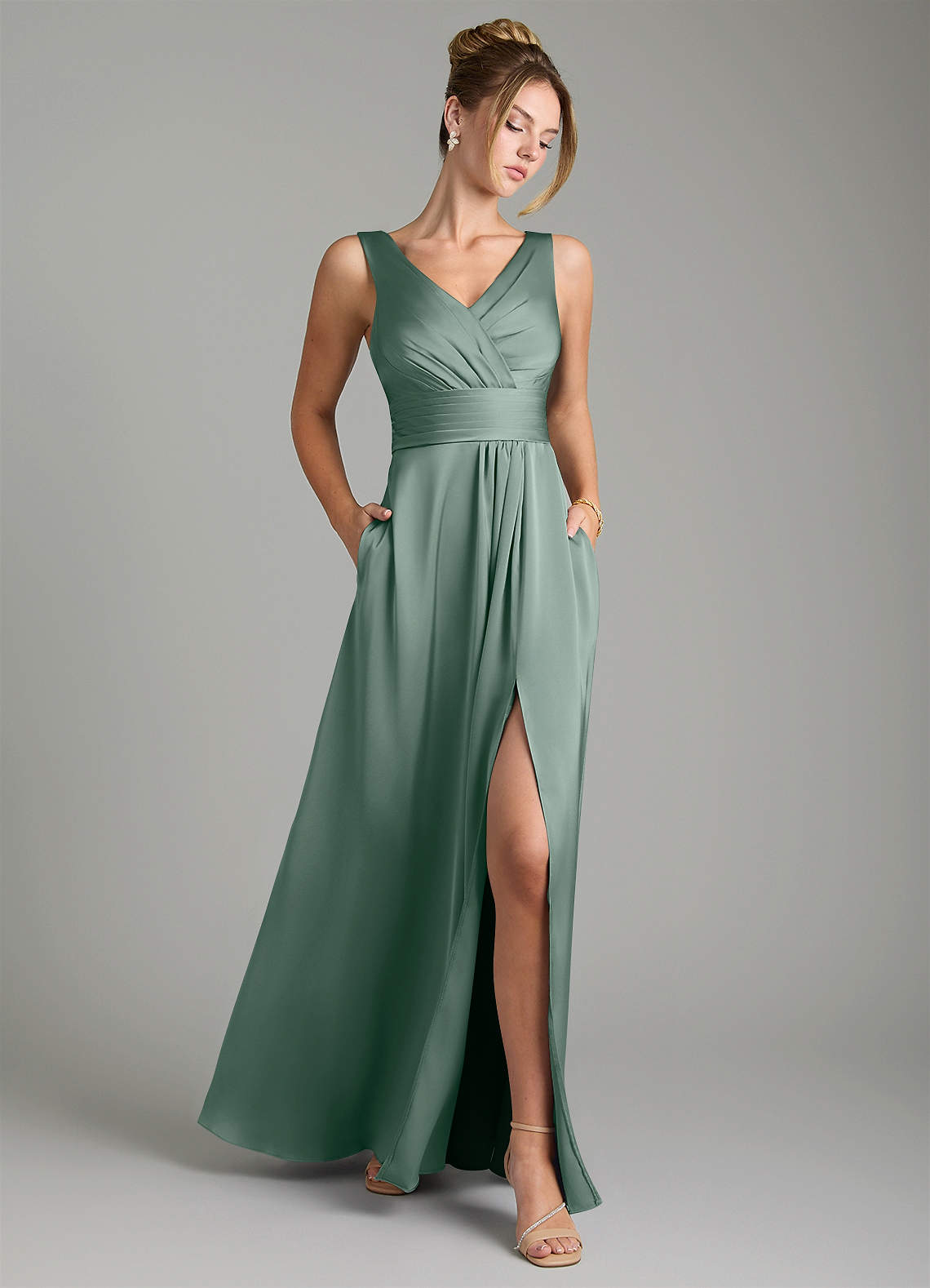 Karina A-Line V-Neck Stretch Satin Bridesmaid Dress in Silver Sage