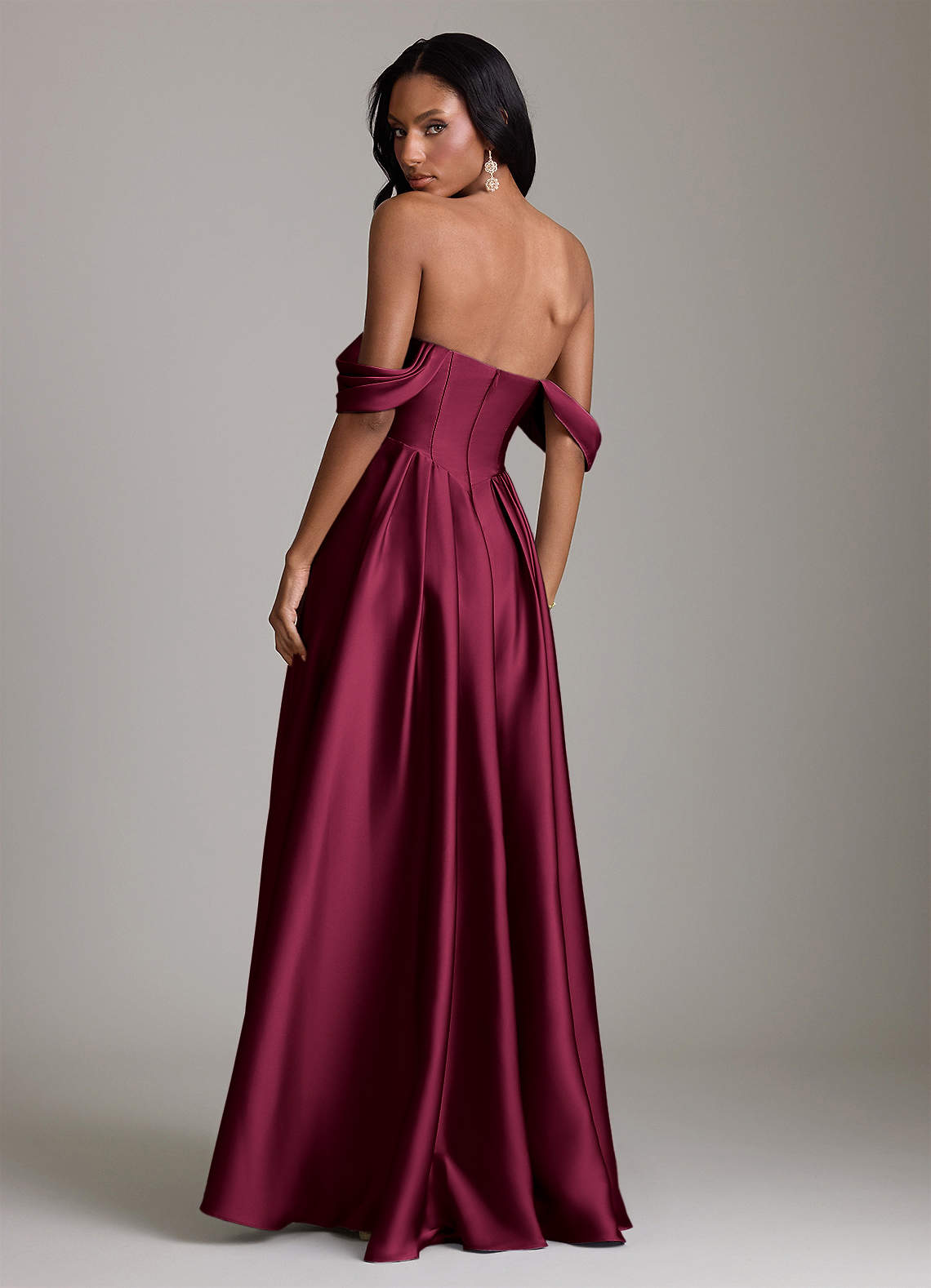 Loisa A-Line Off-the-Shoulder Stretch Satin Bridesmaid Dress in Burgundy