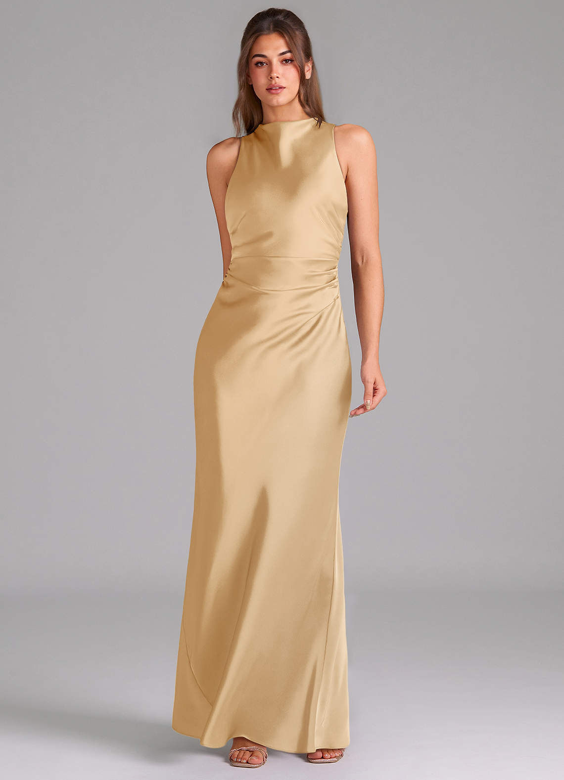 Evadne Sheath Scoop-Neck Stretch Satin Bridesmaid Dress in Gold