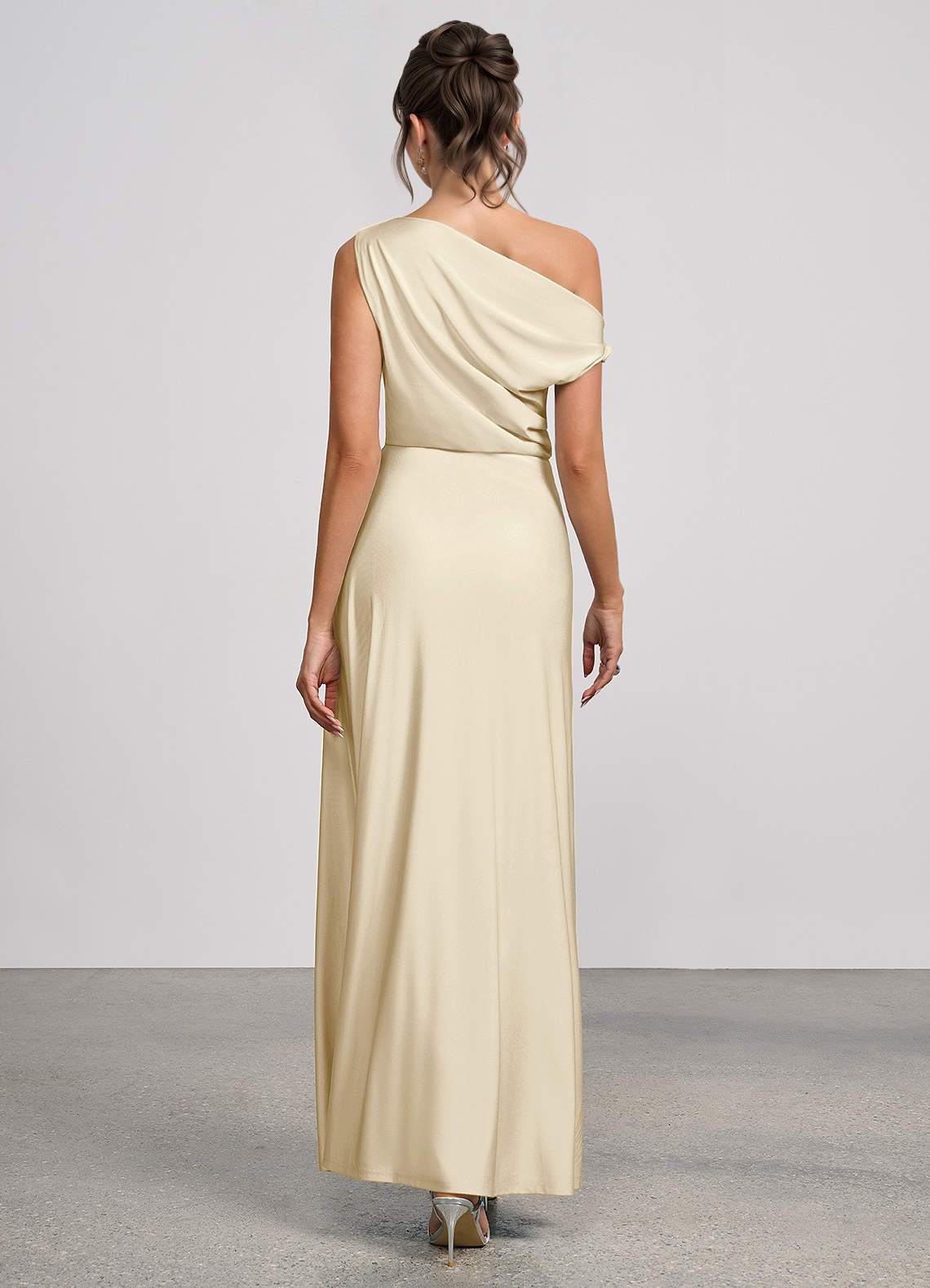 Elowen Mermaid One-Shoulder Glossy Knit Evening Dress in Champagne