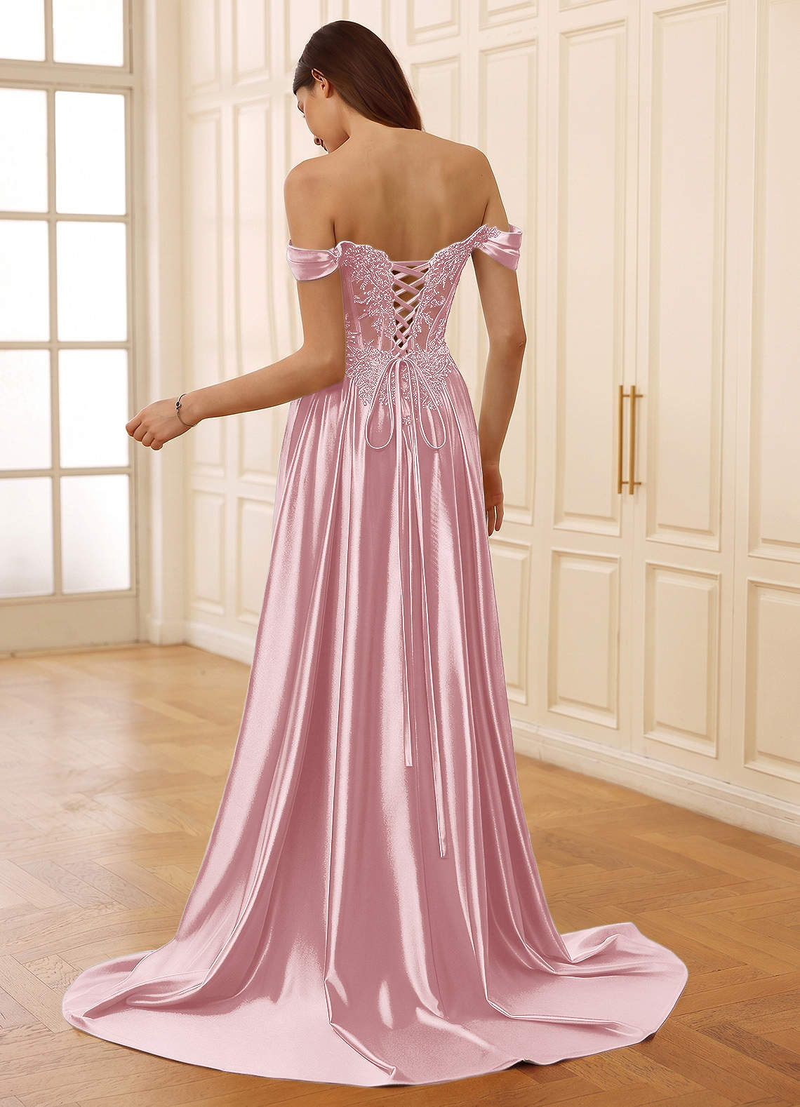 Rowane A-Line Off-the-Shoulder Satin Evening Dress in Blushing Pink