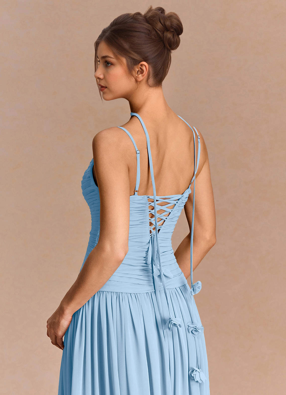 Eulalie A-Line Floral-Appliqué Chiffon Evening Dress in Haze blue