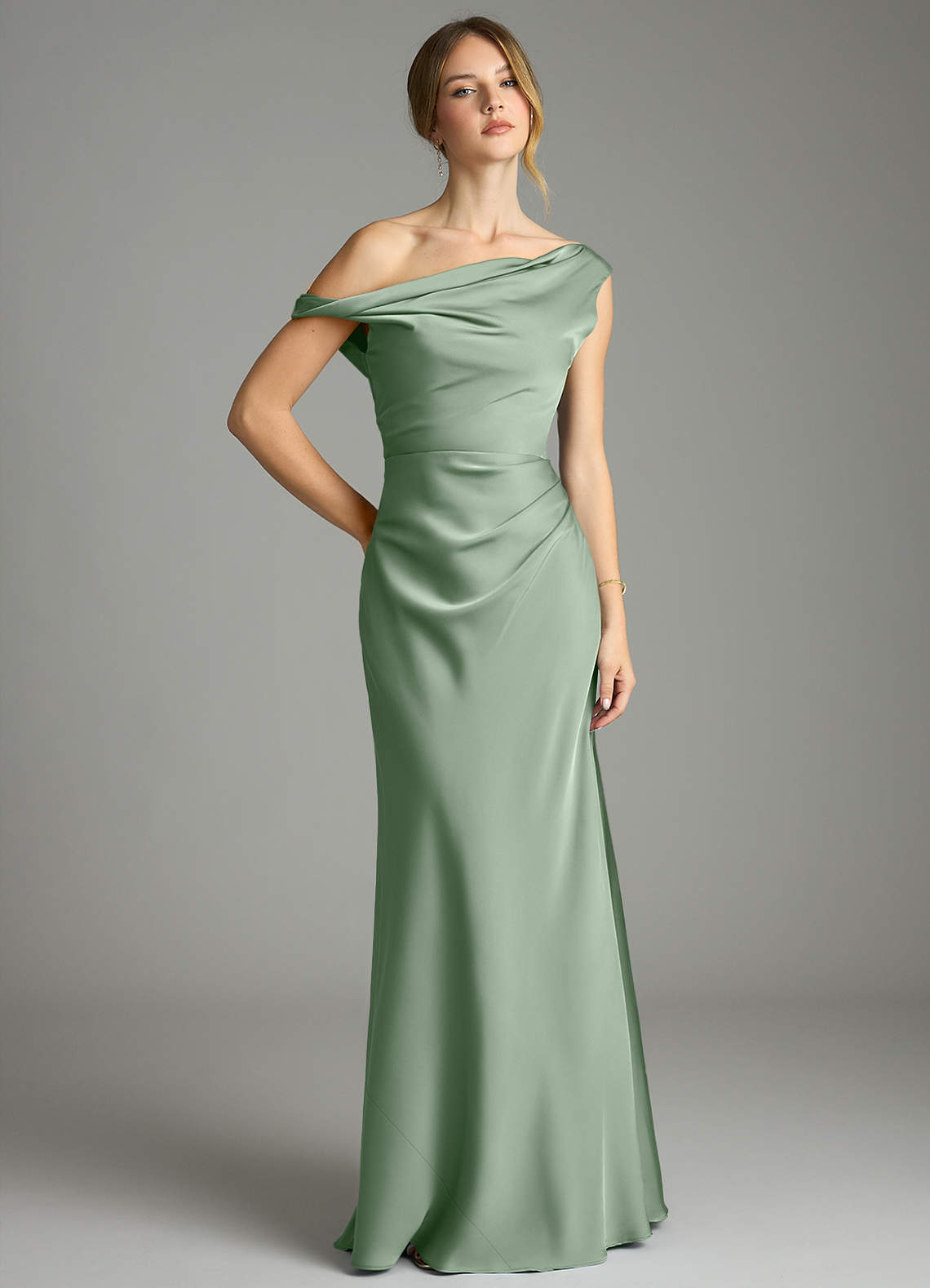 Emerson Mermaid One-Shoulder Stretch Satin Bridesmaid Dress in Matcha