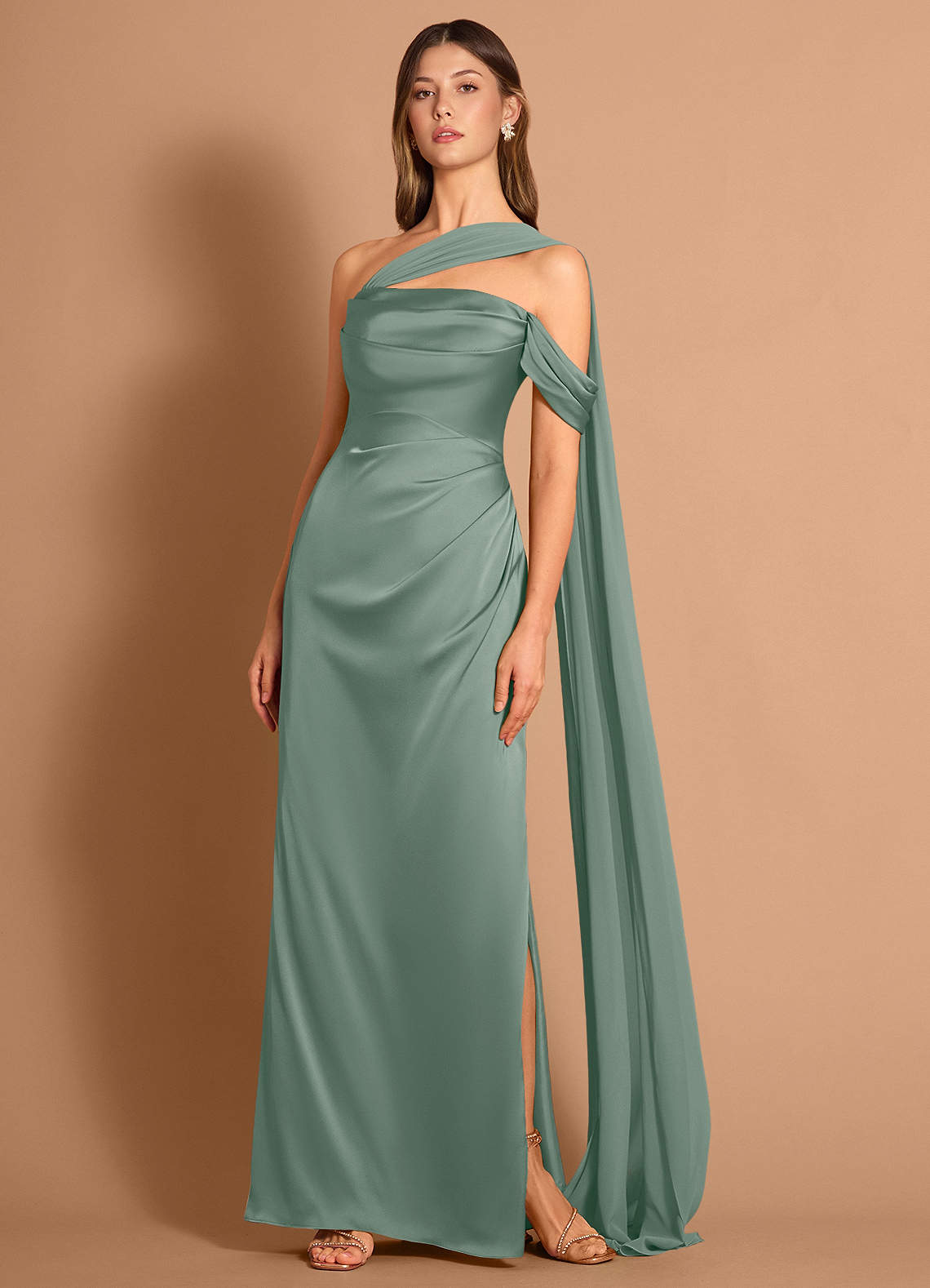 Meliora Asymmetric Strapless Chiffon-Drape Stretch Satin Evening Dress in Haze Pink