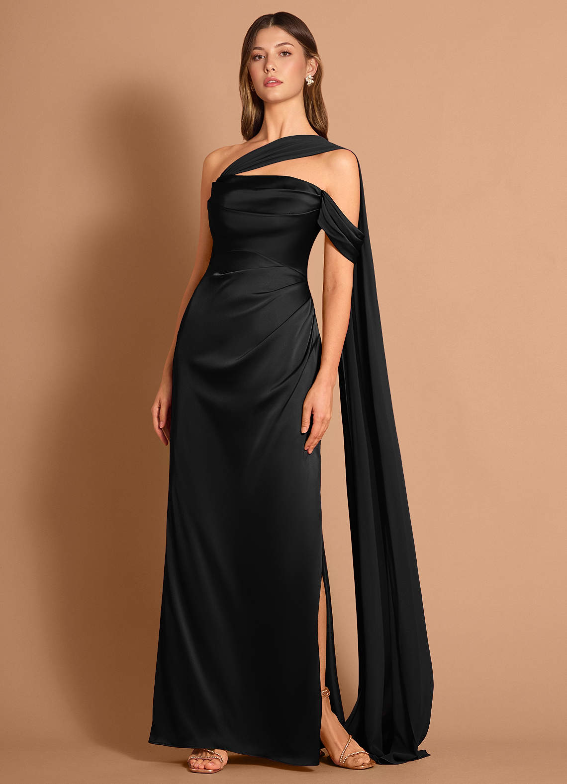 Meliora Asymmetric Strapless Chiffon-Drape Stretch Satin Evening Dress in black