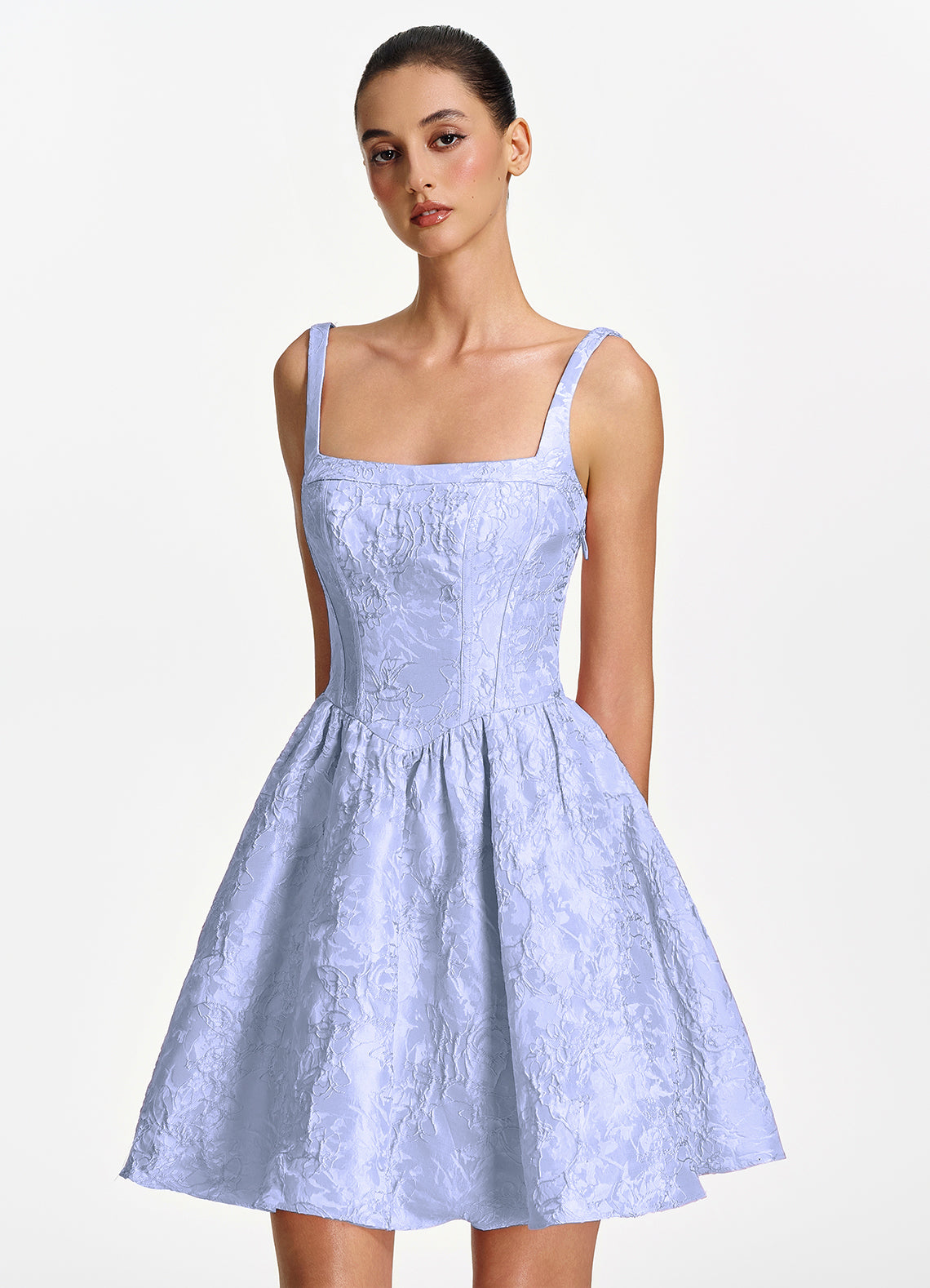 Lionelle Skater Mini Square-Neck Jacquard Prom Dress in Periwinkle