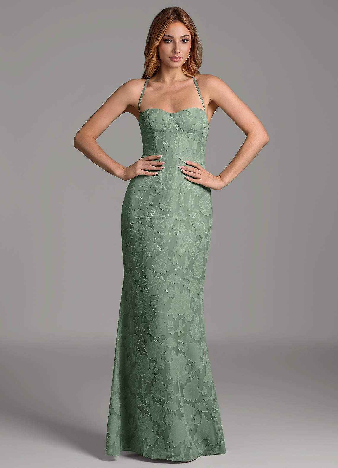 Dara Mermaid Sweetheart Floral Burnout Bridesmaid Dress in Matcha