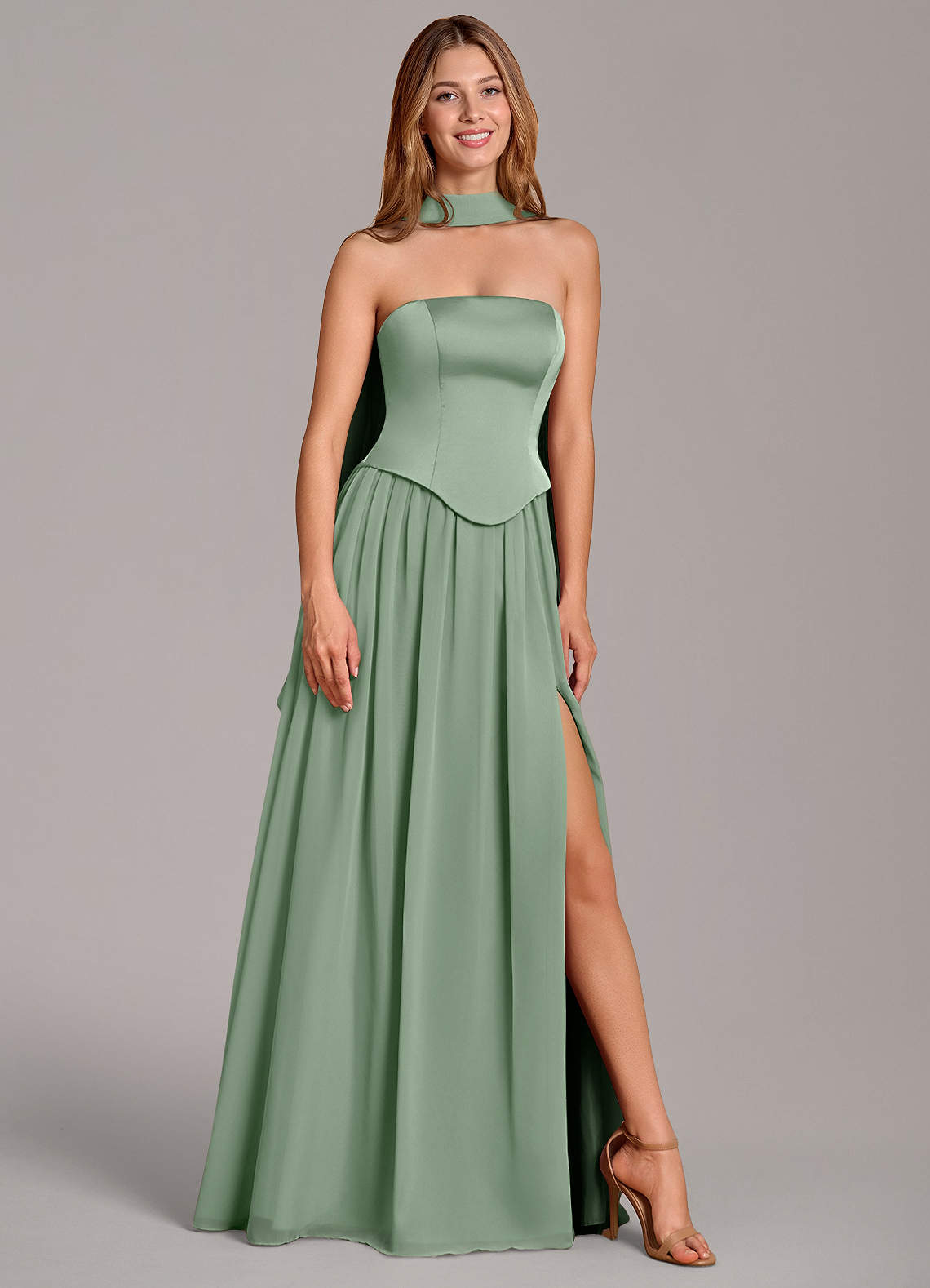 Cadence A-Line Strapless Chiffon and Stretch Satin Bridesmaid Dress in Matcha