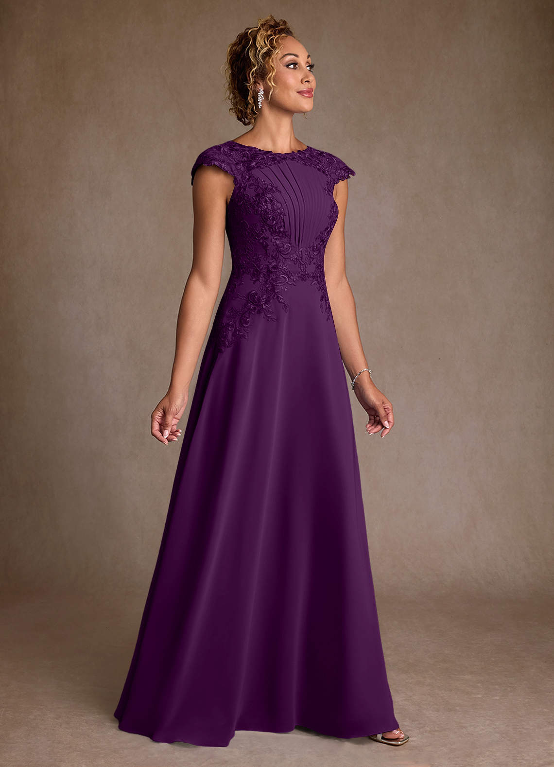 Christi A-Line Scoop-Neck Chiffon and Lace Mother of the Bride Dress in Grape