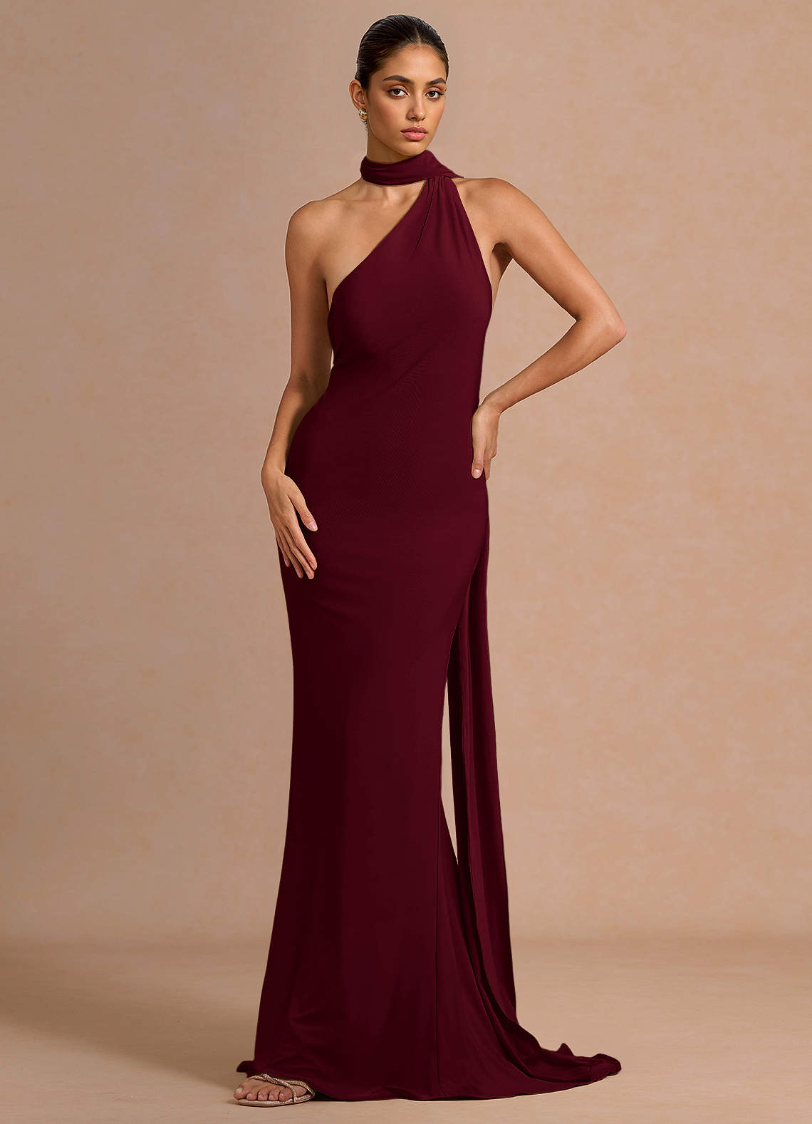 Miliani Sheath Neck-Tie Stretch Knit Evening Dress in Merlot