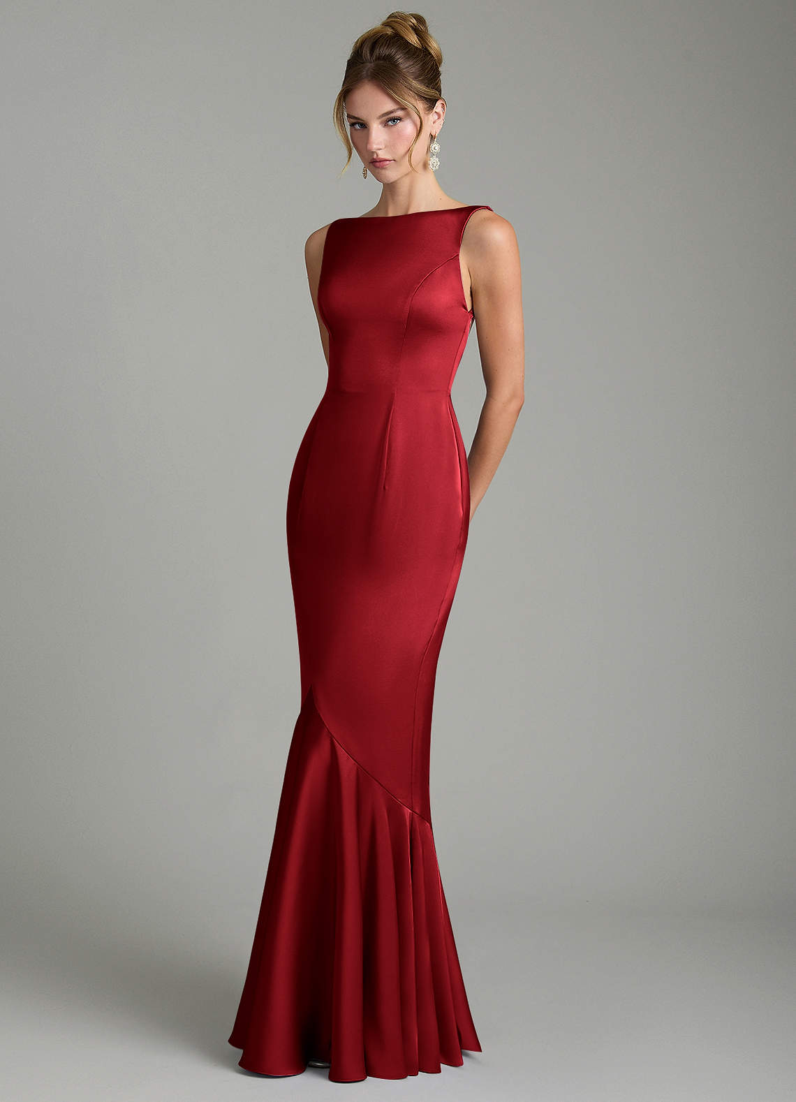 Tamera Mermaid Boat-Neck Stretch Satin and Chiffon Bridesmaid Dress in Scarlet