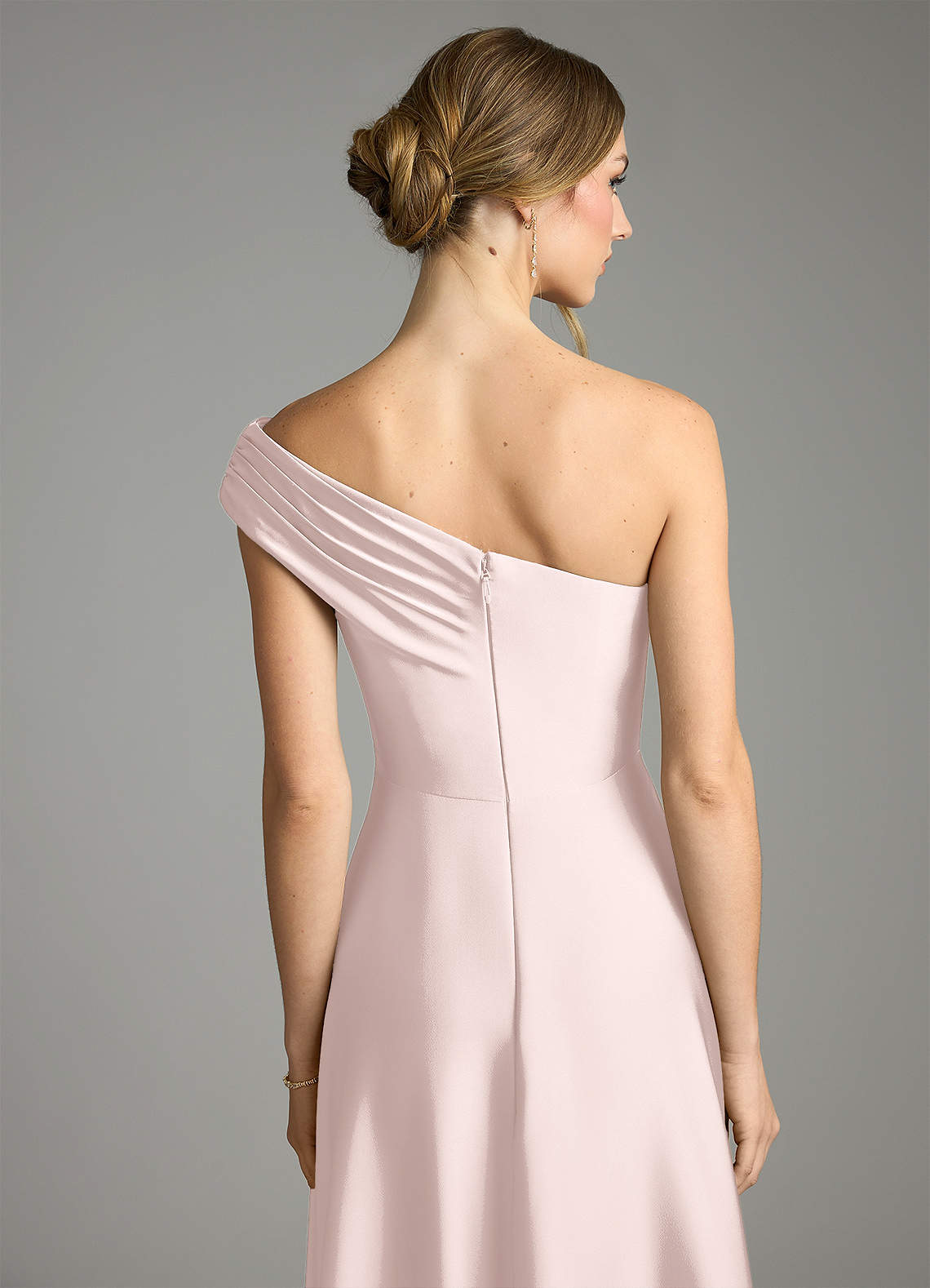 Melanie A-Line One-Shoulder Stretch Satin Bridesmaid Dress in Blushing Pink