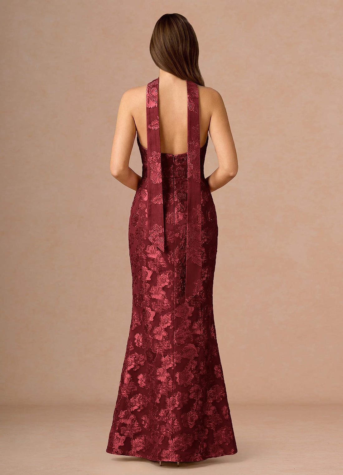 Valerie V-Neck Open-Back Fil Coupé Evening Dress in Wine