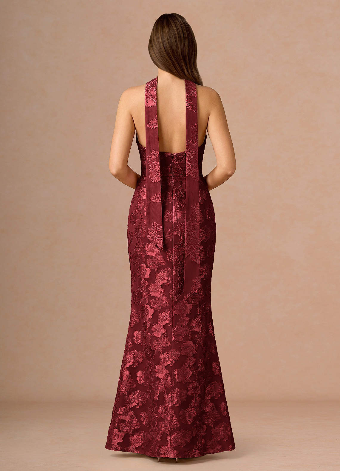 Valerie V-Neck Open-Back Fil Coupé Evening Dress in Wine