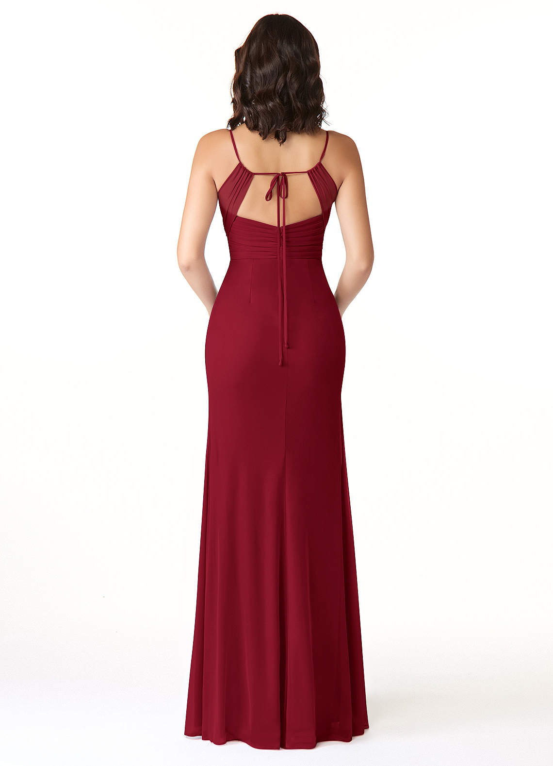 Reneya Mermaid V-Neck Mesh Bridesmaid Dress in Burgundy