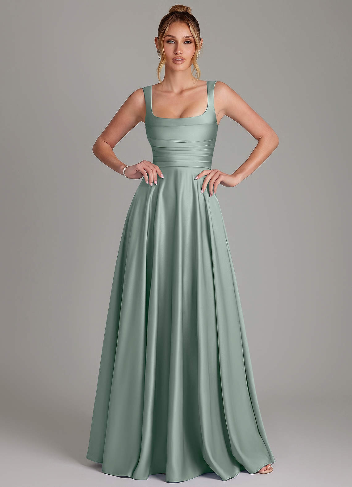 Azaria A-Line Square-Neck Stretch Satin Bridesmaid Dress in Agave