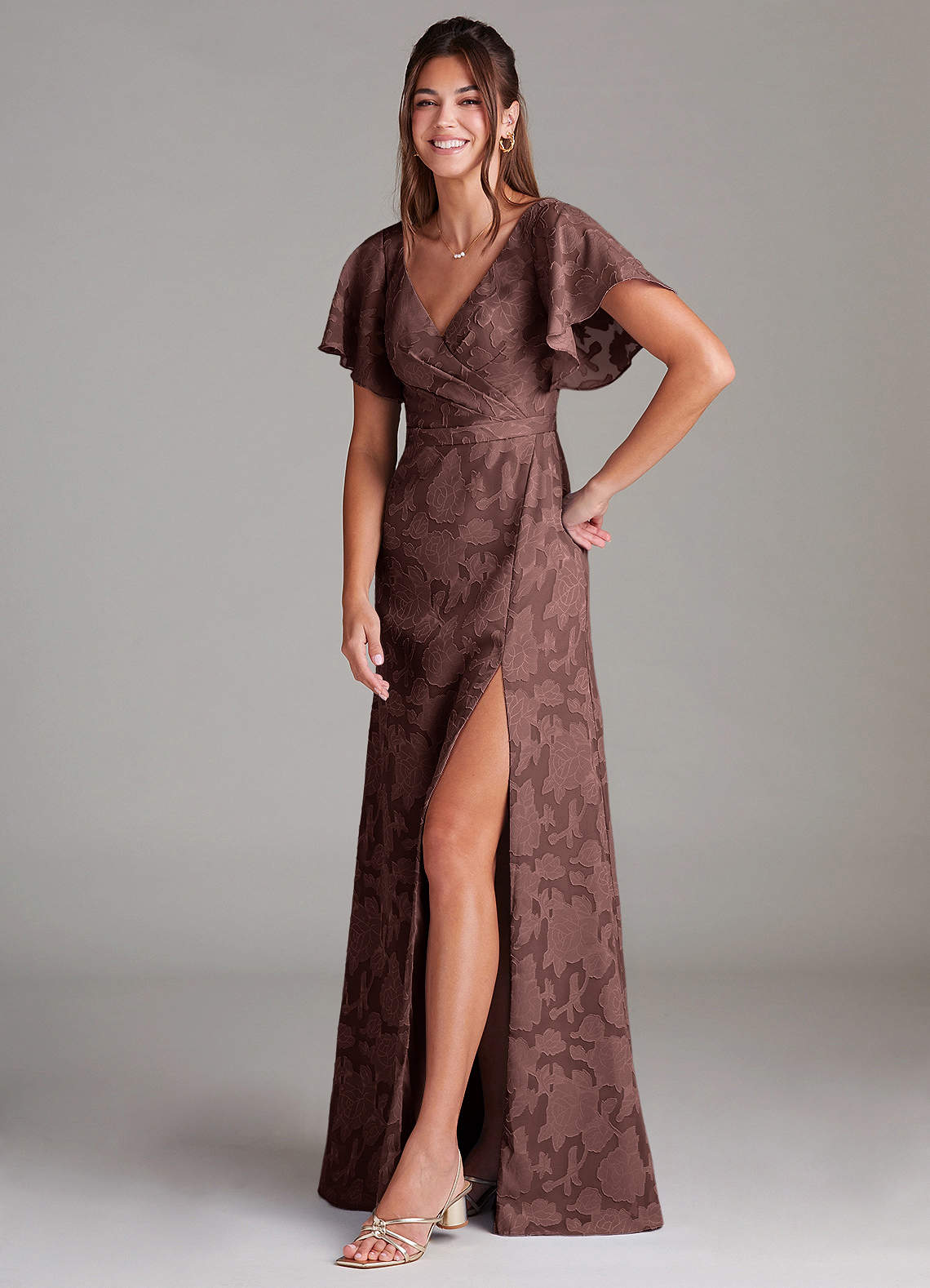 Ambrosia A-Line V-Neck Floral Burnout Bridesmaid Dress in Espresso