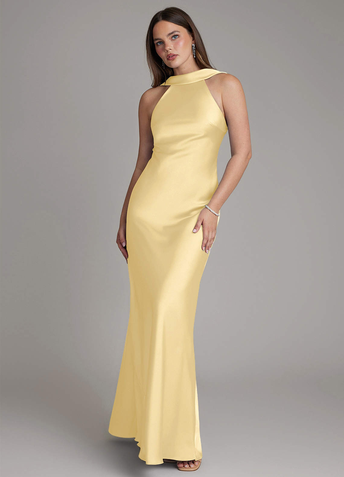 Dimitra Sheath Halter Stretch Satin Bridesmaid Dress in Butter