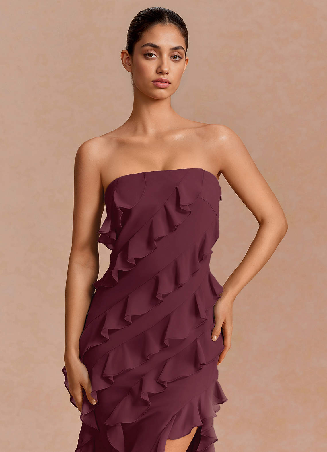 Eira A-Line Ruffle Chiffon Evening Dress in Wine