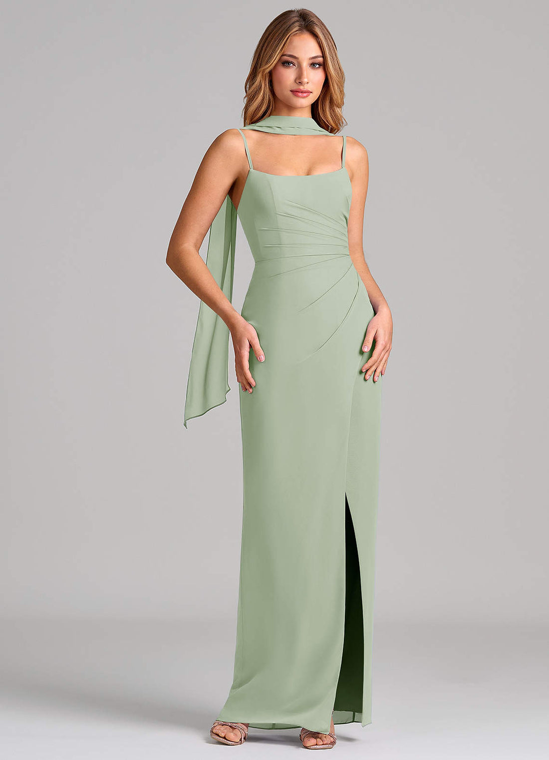 Calandra Sheath Scoop-Neck Chiffon Bridesmaid Dress in Dusty Sage