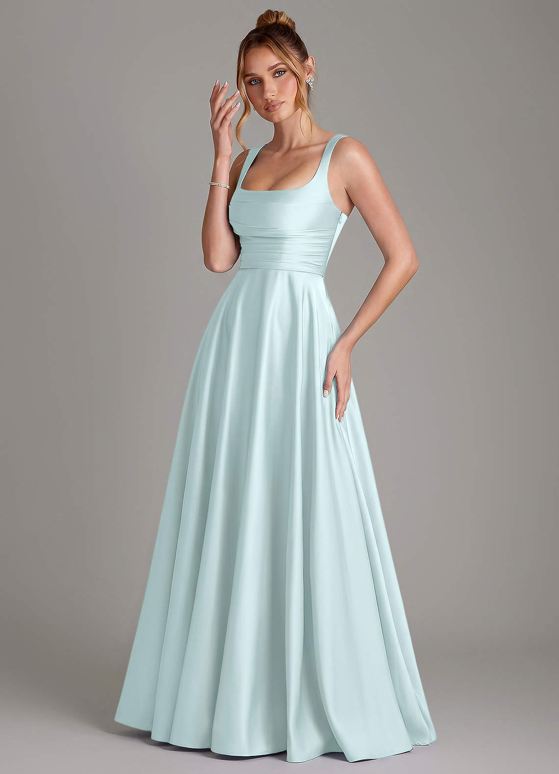 Azaria A-Line Square-Neck Stretch Satin Bridesmaid Dress in Sea Glass