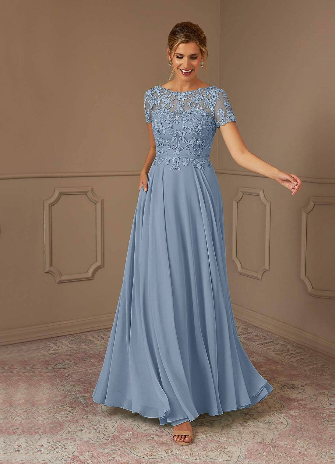 Adina A-Line Boat-Neck Chiffon Mother of the Bride Dress in dusty blue