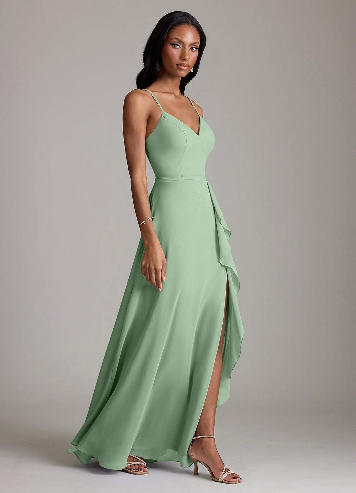 Naeem A-Line V-Neck Chiffon Bridesmaid Dress in Matcha