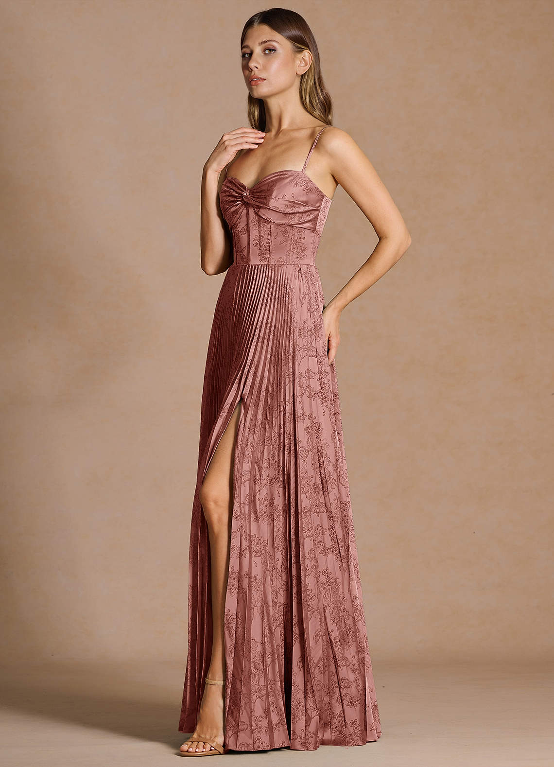 Vesper Pleated Knot-Neck Jacquard Wedding Guest Dress in Vintage Rose