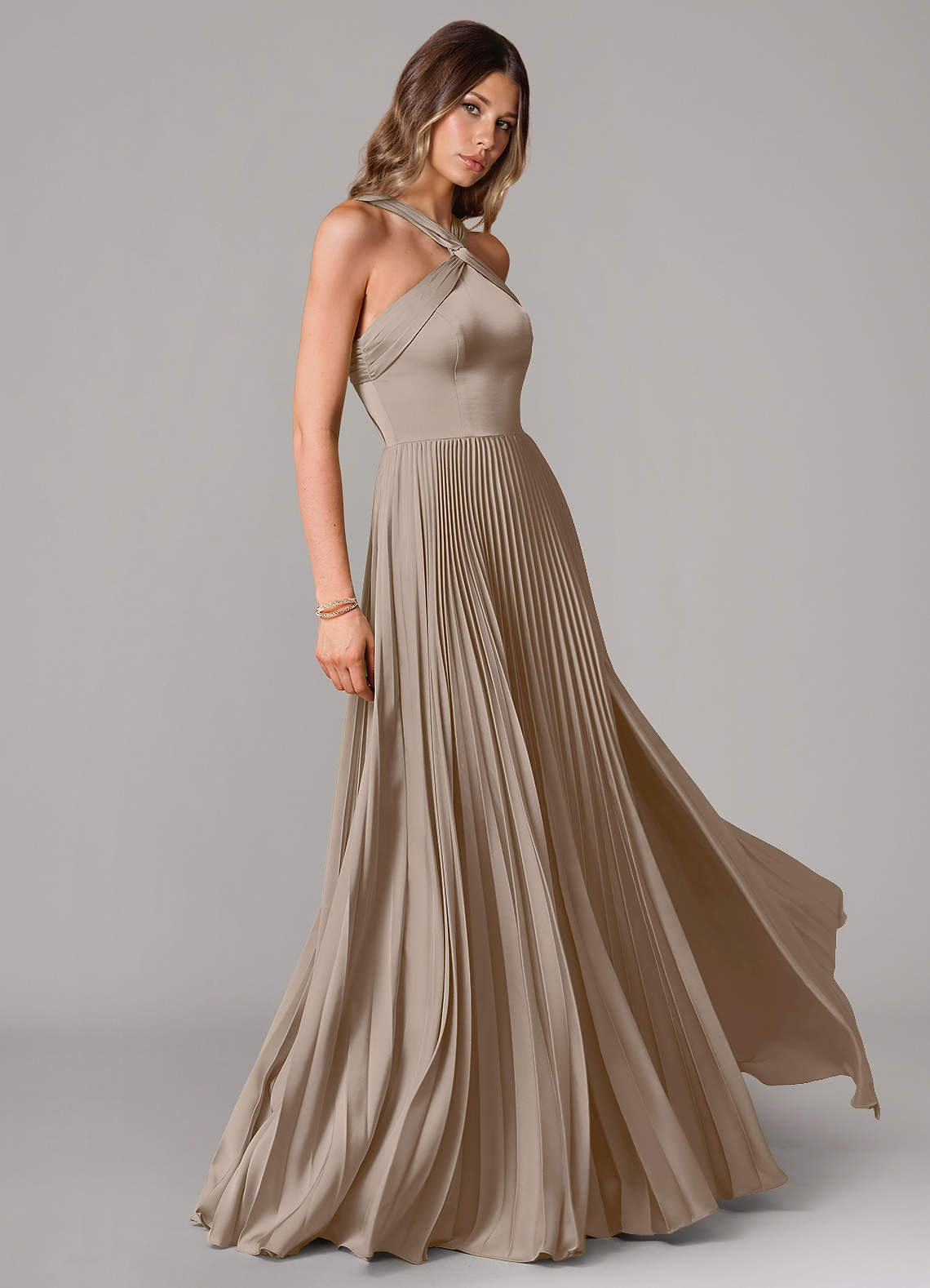 Afra A-Line Halter-Neck Stretch Satin Bridesmaid Dress in Taupe