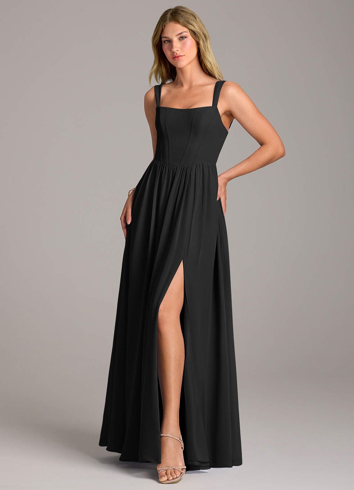 Rosaline A-Line Square-Neck Chiffon Bridesmaid Dress in black