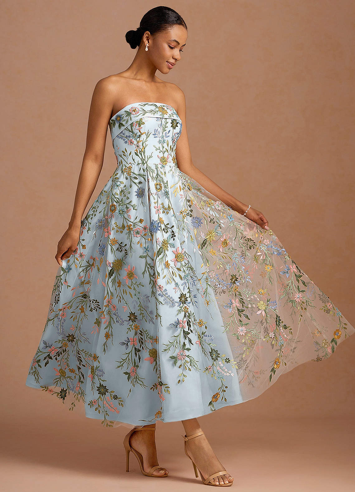 Evangeline Strapless Corset Floral Lace Evening Dress in candy pink