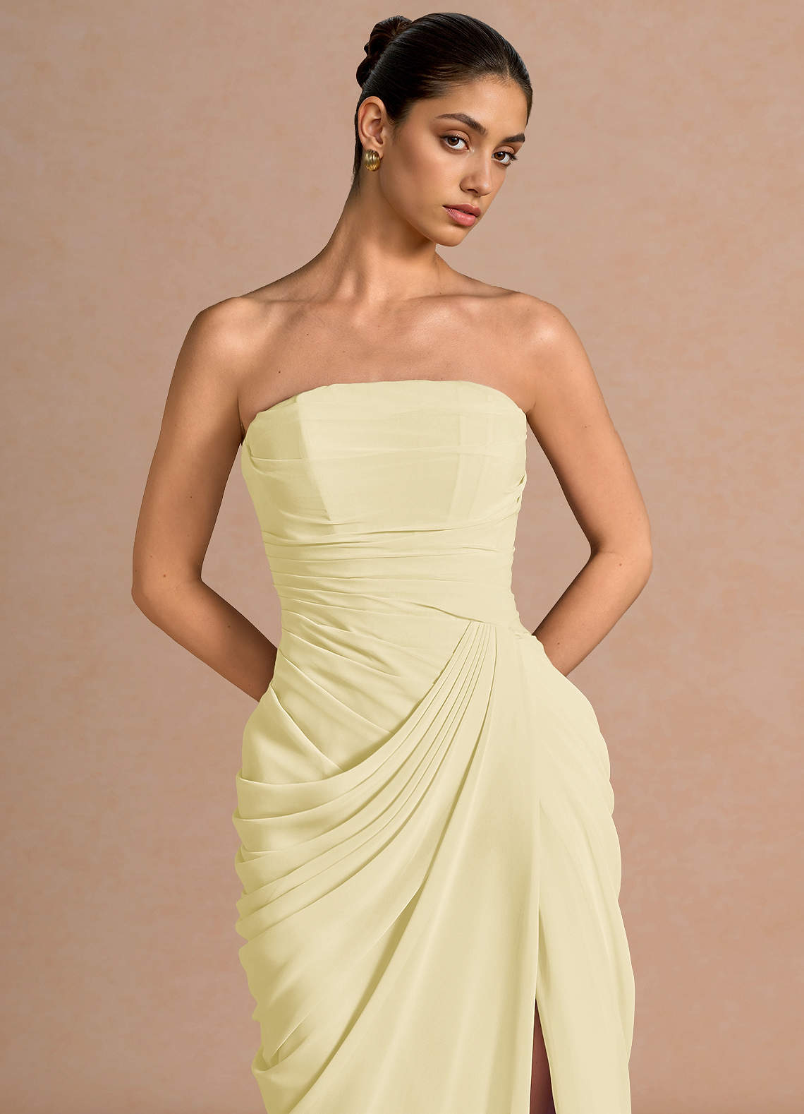 Kaavia Column Pleated Chiffon Maxi Evening Dress in Butter Yellow