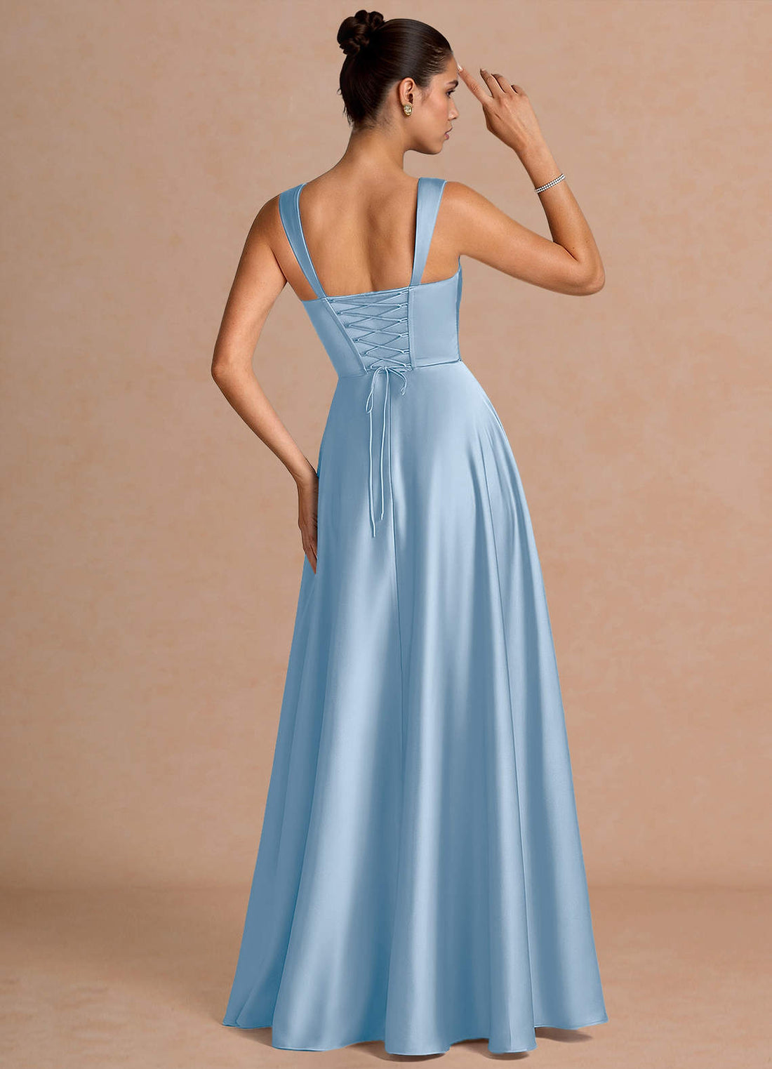 Azaria A-Line Square-Neck Stretch Satin Wedding Guest Dress in Haze blue
