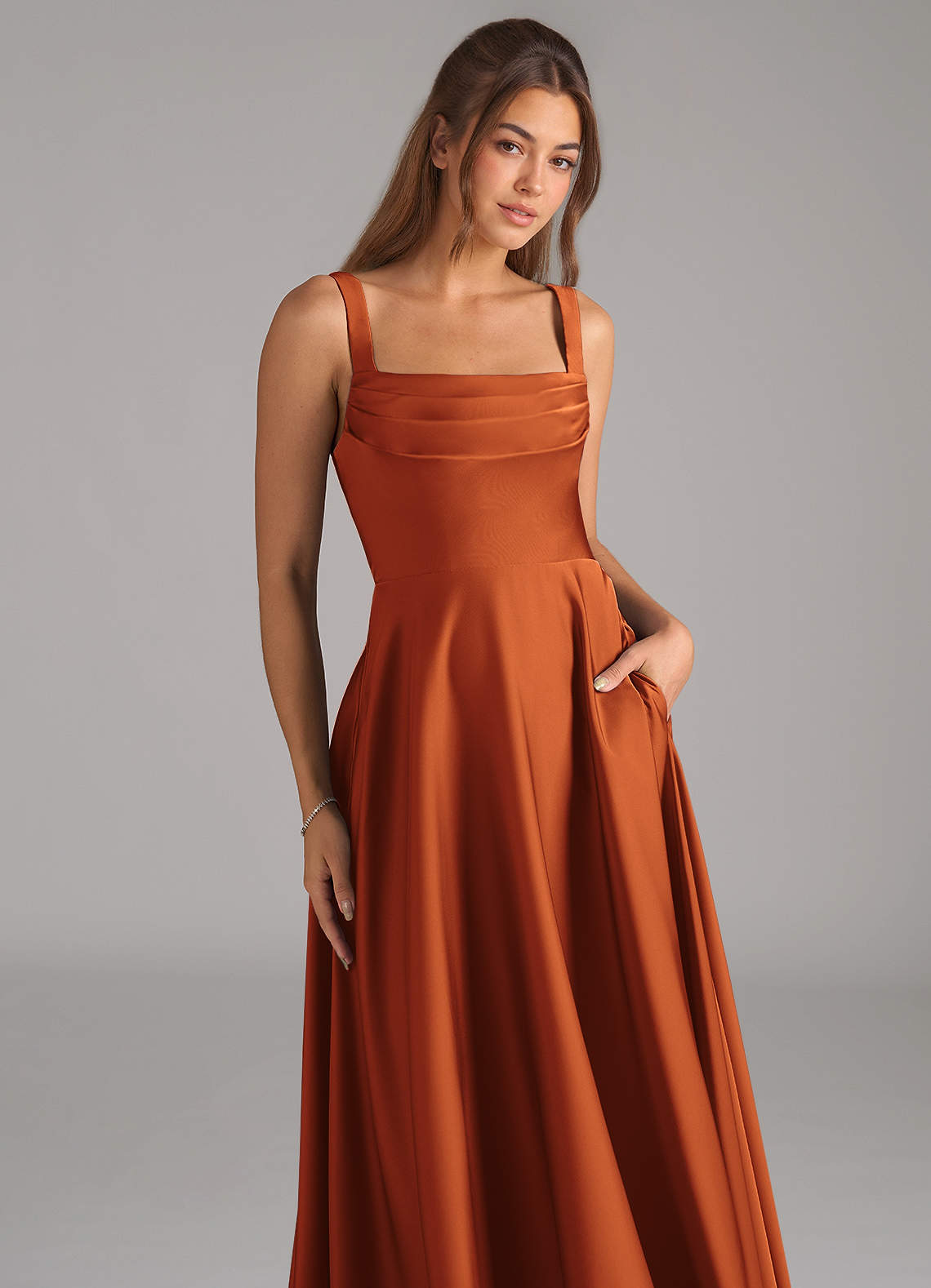 Shaude A-Line Square-Neck Stretch Satin Bridesmaid Dress in Cinnamon