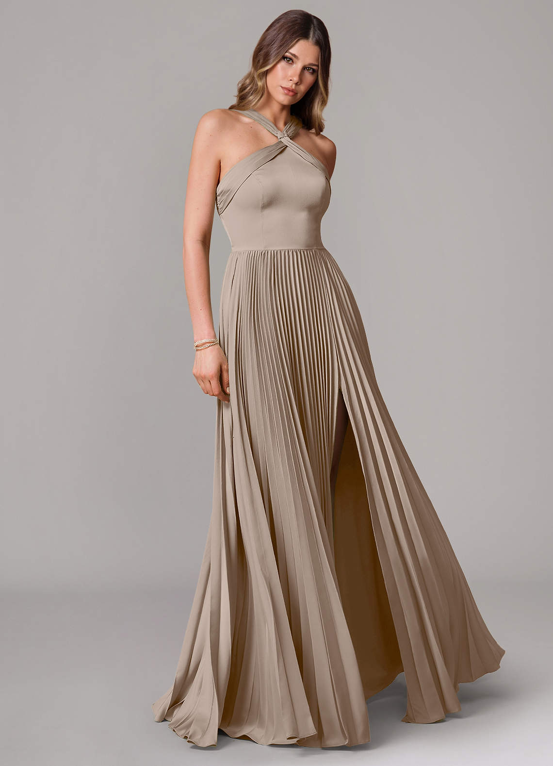 Afra A-Line Halter-Neck Stretch Satin Bridesmaid Dress in Taupe