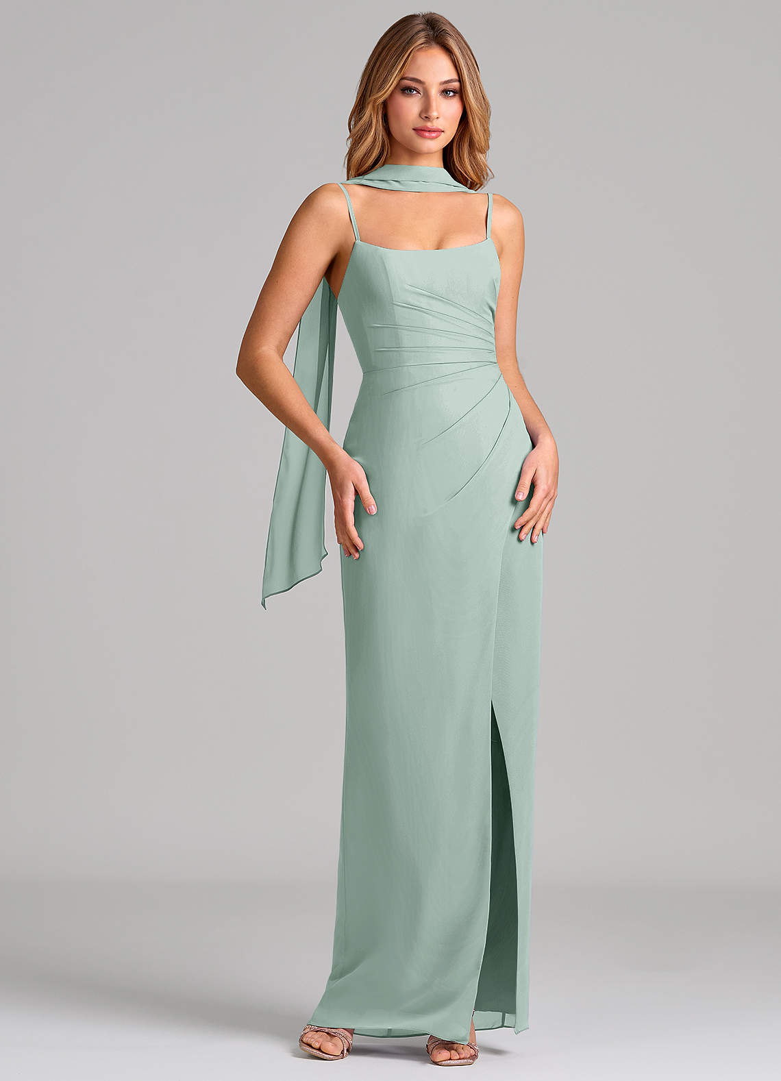 Calandra Sheath Scoop-Neck Chiffon Bridesmaid Dress in Agave