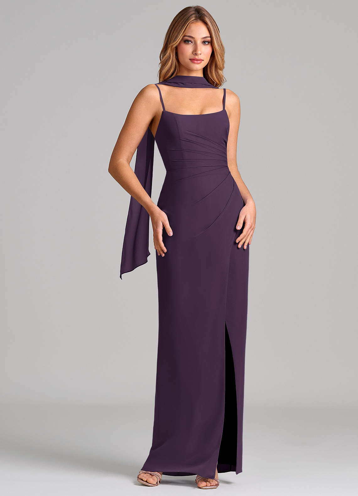 Calandra Sheath Scoop-Neck Chiffon Bridesmaid Dress in Plum