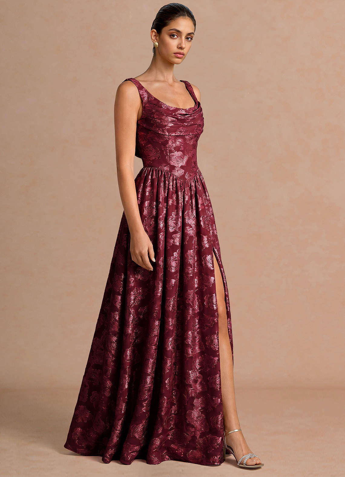 Novi A-Line Draped-Neck Floral Fil Coupé Evening Dress in Wine