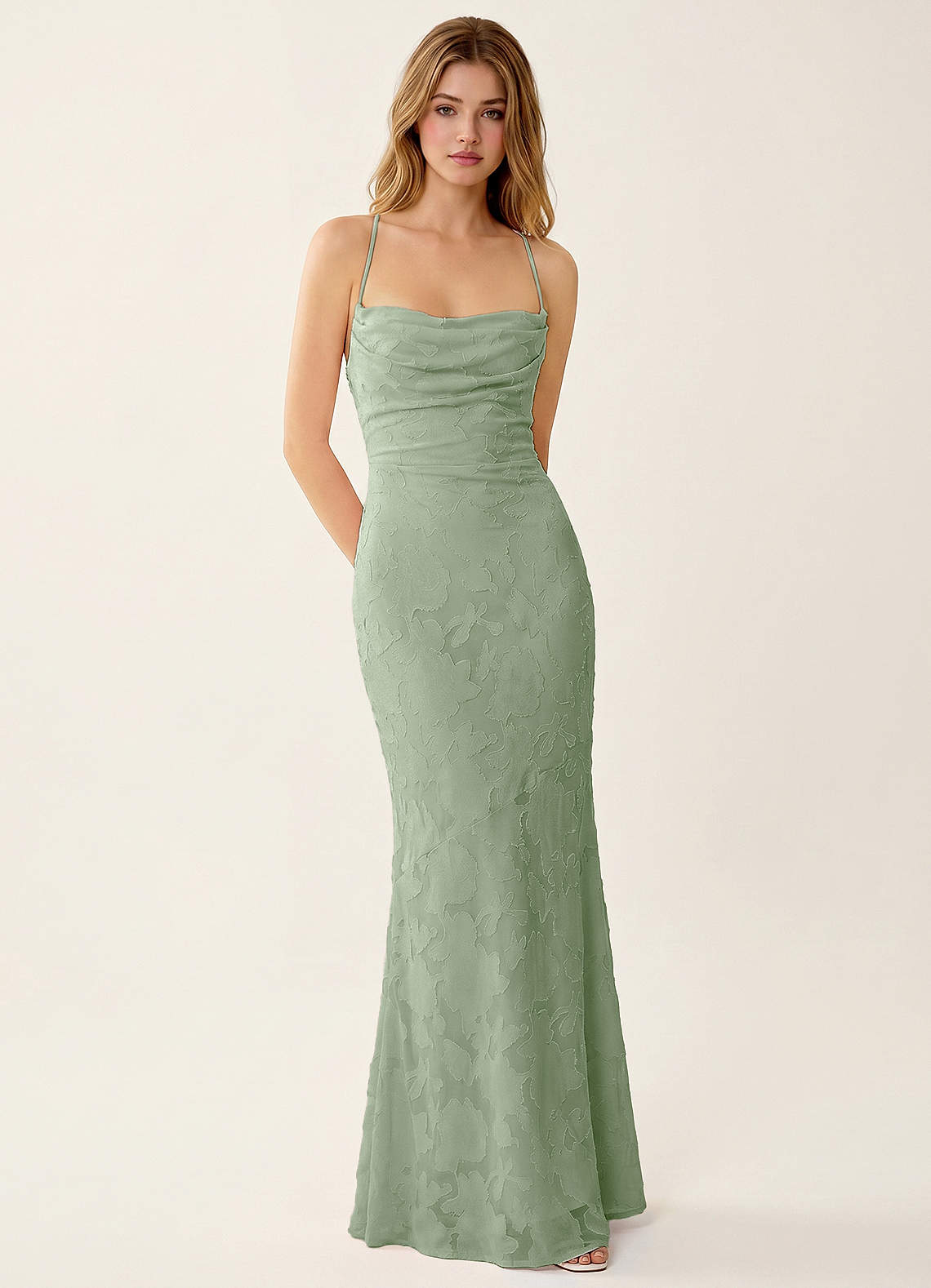 Natasha Mermaid Spaghetti-Strap Floral Burnout Evening Dress in Light Green