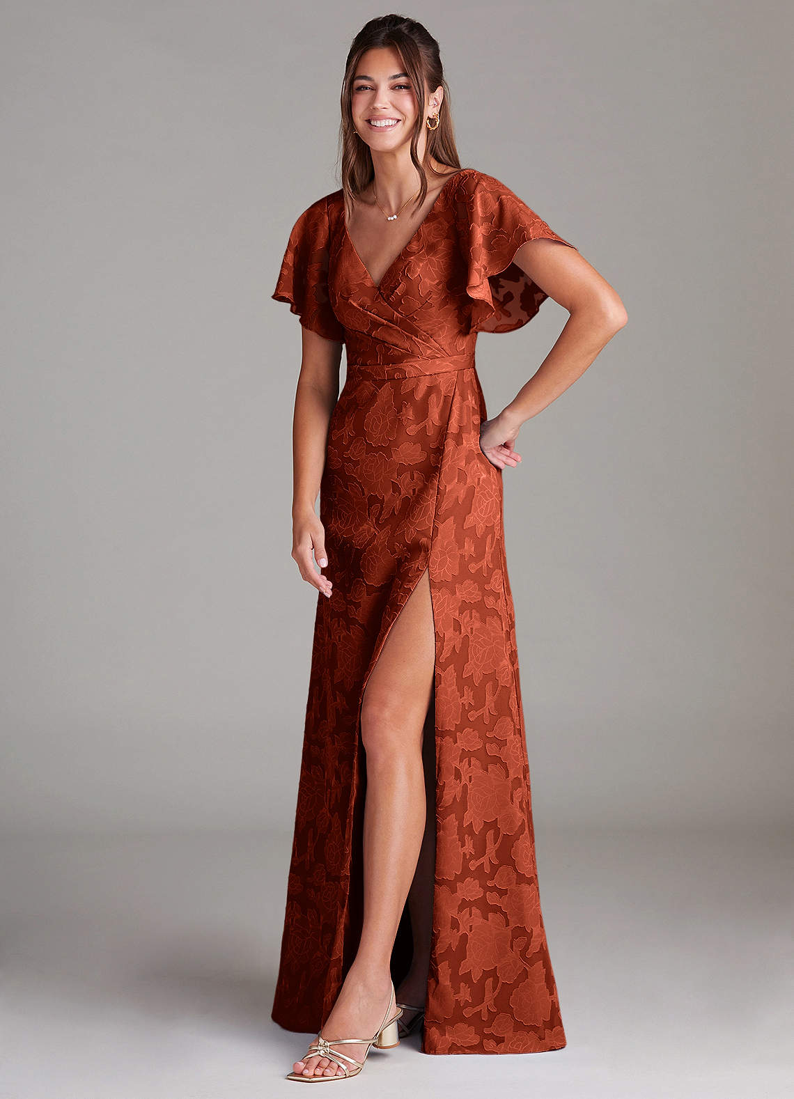 Ambrosia A-Line V-Neck Floral Burnout Bridesmaid Dress in Auburn
