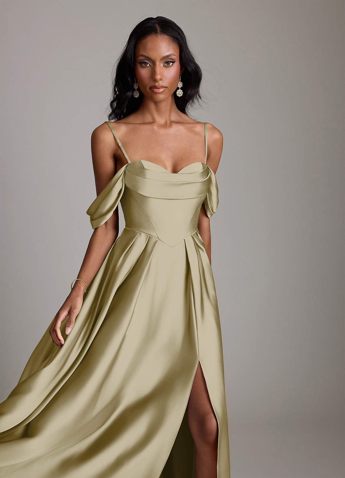 Loisa A-Line Off-the-Shoulder Stretch Satin Bridesmaid Dress in Moss Green