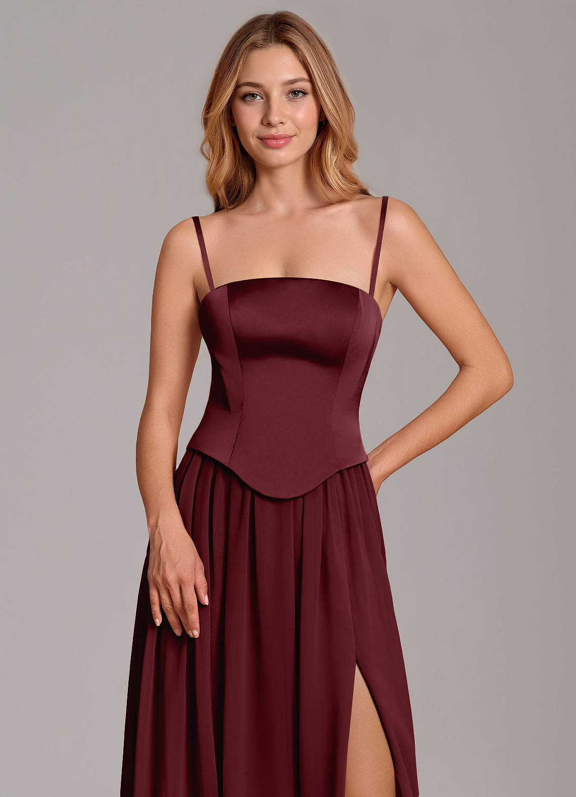 Cadence A-Line Strapless Chiffon and Stretch Satin Bridesmaid Dress in Cabernet