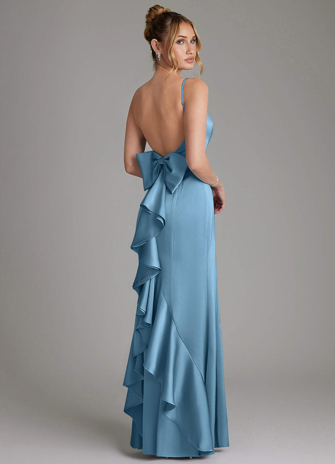 Zherra Mermaid Scoop-Neck Stretch Satin Bridesmaid Dress in Steel Blue